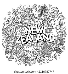 New Zealand hand drawn cartoon doodle illustration. Funny design. Creative vector background. Handwritten text with Oceania Country elements and objects.