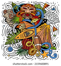 New Zealand hand drawn cartoon doodle illustration. Funny design. Creative vector background with Oceania Country elements and objects. Colorful composition