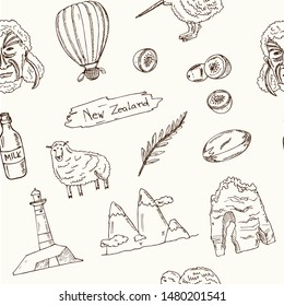 New Zealand hand drawn doodle pattern. Vector illustration. Isolated elements on chalkboard background. Symbol collection.