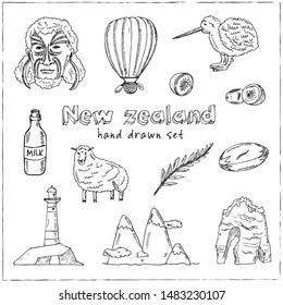 New Zealand hand drawn doodle set. Vector illustration. Isolated elements on white background. Symbol collection.