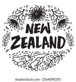 New Zealand. Hand drawn lettering with flowers ornament. Vector illustration.	