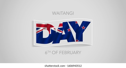 New Zealand happy waitangi day vector banner, greeting card. New Zealandia wavy flag in nonstandard design for 6th of February national holiday 
