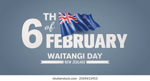 New Zealand happy Waitangi day greeting card, banner with template text vector illustration. New Zealander memorial holiday 6th of February design element with 3D flag with cross