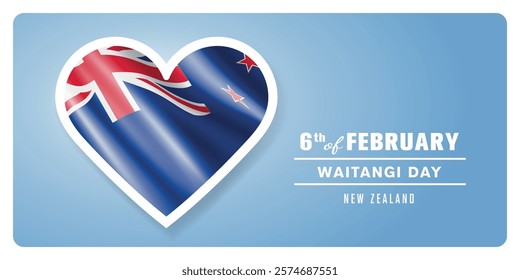 New Zealand happy Waitangi day greeting card, banner vector illustration. New Zealander national holiday 6th of February design element with 3D flag