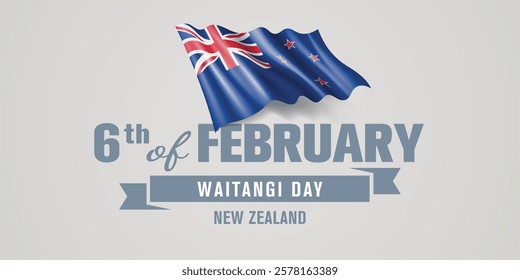 New Zealand happy Waitangi day greeting card, banner vector illustration. New Zealander national holiday 6th of February design element with realistic flag