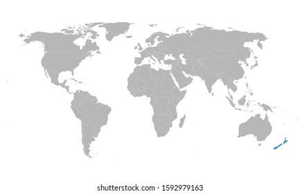 New Zealand highlighted blue on world map vector. Gray background. Perfect for business backgrounds, backdrop, chart, presentation, education and wallpapers.