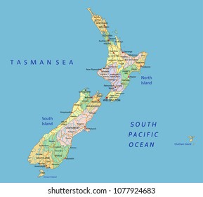 New Zealand - Highly detailed editable political map with labeling.