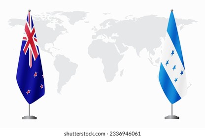 New Zealand and Honduras flags for official meeting against background of world map.