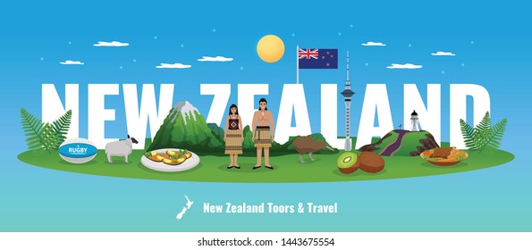 New Zealand Horizontal Composition With Big Text Behind Elements Of Flora And Fauna With Native People Vector Illustration