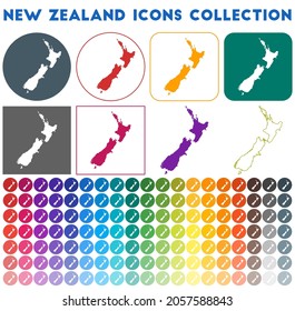 New Zealand icons collection. Bright colorful trendy map icons. Modern New Zealand badge with country map. Vector illustration.