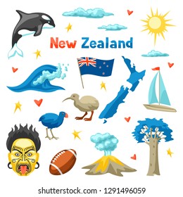 New Zealand icons set. Oceanian traditional symbols and attractions.