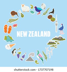 New Zealand icons and symbols. Hand drawn vector illustrations. Green natural new Zealand. Iconic landmarks and native birds.