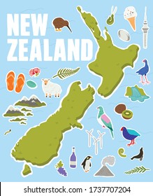 New Zealand icons and symbols. Hand drawn vector illustrations. Green natural new Zealand. Iconic landmarks and native birds.