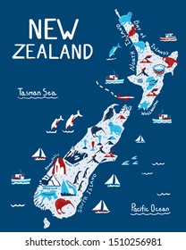 New Zealand illustrated hand drawn map. Map on blue background. New Zealand nature landmarks, animals.  Travel postcard, poster concept design