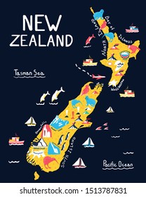 New Zealand illustrated hand drawn map. Map on dark background. New Zealand nature landmarks, animals.  Travel postcard, poster concept design