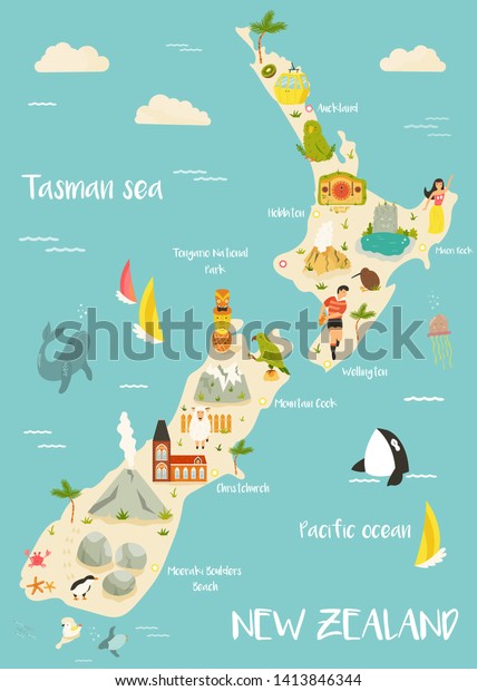ニュージーランドのイラスト地図で 有名な目印 動物 シンボルが描かれています プリント 観光ポスター 旅行ガイド お祭りなど のベクター画像素材 ロイヤリティフリー