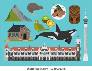 New Zealand Illustration, Vector, Landmark, Culture, Travel, Food, Icon