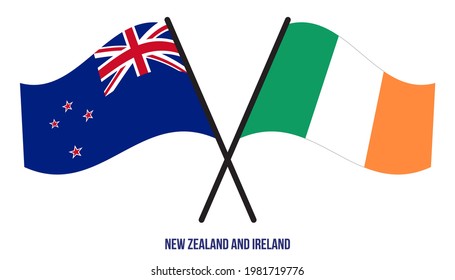 New Zealand and Ireland Flags Crossed And Waving Flat Style. Official Proportion. Correct Colors.