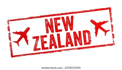 New Zealand is an island country in the southwestern Pacific Ocean, text emblem stamp with airplane