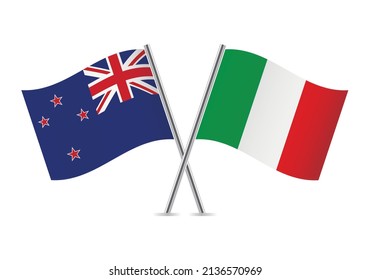 New Zealand and Italy crossed flags. New Zealand (NZ) and Italian flags, isolated on white background. Vector icon set. Vector illustration.