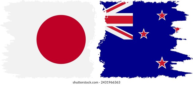 New Zealand and Japan grunge flags connection, vector