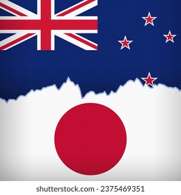 New Zealand and Japanese flags depicted with a price line chart. Fluctuation graph with a sideways trend. Burlap textured. Banking and trade relations concept.