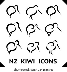 New Zealand Kiwi Bird Logo or tattoo with Maori Style Koru icon Design grouped
