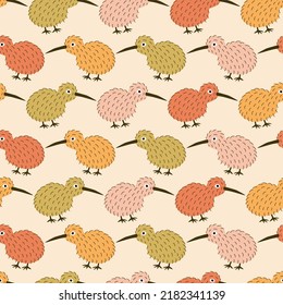 New Zealand kiwi birds hand drawn vector illustration. Cute colorful furry bird in flat style seamless pattern for kids fabric or wallpaper.