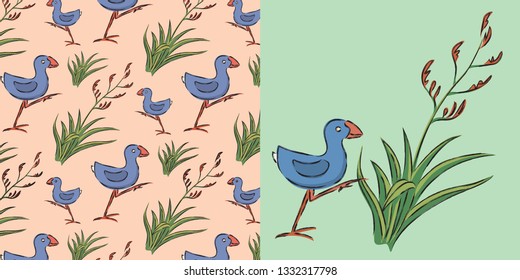 New Zealand "Kiwiana" design patten.

The pukeko is a widespread and easily recognisable bird.

The harakeke (flax plant) is an evergreen perennial plant native to New Zealand and Norfolk Island.