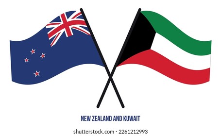 New Zealand and Kuwait Flags Crossed And Waving Flat Style. Official Proportion. Correct Colors.