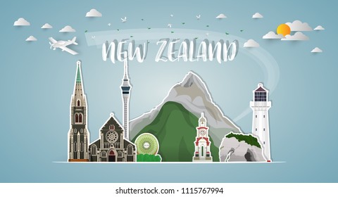 new zealand Landmark Global Travel And Journey paper background. Vector Design Template.used for your advertisement, book, banner, template, travel business or presentation.