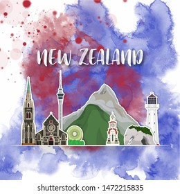 New Zealand Landmark Global Travel And Journey watercolor background. Vector Design Template.used for your advertisement, book, banner, template, travel business or presentation