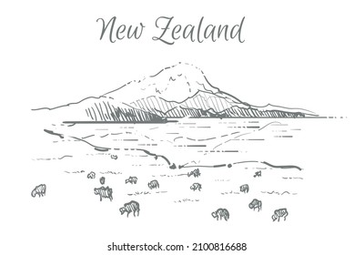 New zealand landscape sketch hand drawn 