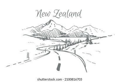 New zealand landscape sketch hand drawn 