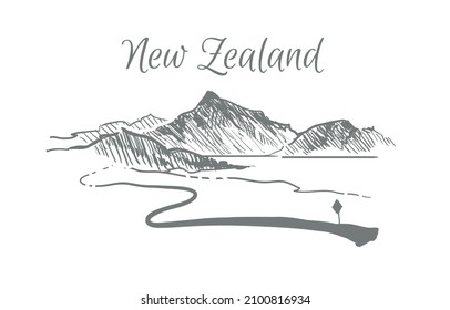 New zealand landscape sketch hand drawn 