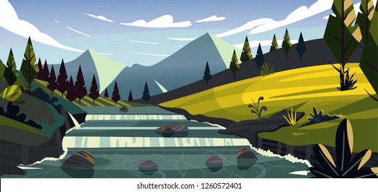 New Zealand landscape.Green fields, forests and the river flows from the snowy mountains.
