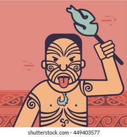 New Zealand Maori Man doing Traditional Haka Dance illustration. Vector Icon.