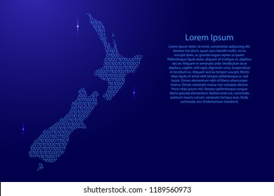 New Zealand map abstract schematic from blue ones and zeros binary digital code with space stars for banner, poster, greeting card. Vector illustration.