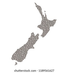New Zealand map abstract schematic from black ones and zeros binary digital code. Vector illustration.