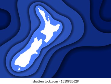 New Zealand map abstract schematic from blue layers paper cut 3D waves and shadows one over the other. Layout for banner, poster, greeting card. Vector illustration.