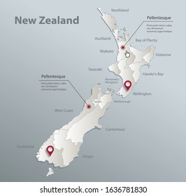 New Zealand map, administrative division with names, blue white card paper 3D vector