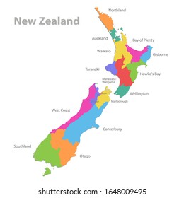 New Zealand map, administrative division with names, colors map isolated on white background vector