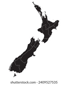 New Zealand map. Map of New Zealand in administrative provinces in black color