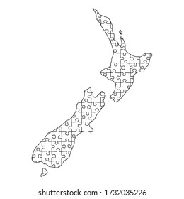 Mapa neozelandés de patrones negros a partir de rompecabezas compuestos. Ilustración vectorial.