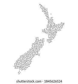 Neuseeland Karte aus schwarzem Muster des Labyrinths. Vektorgrafik.