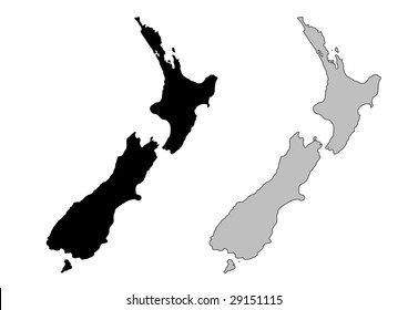 New Zealand map. Black and white. Mercator projection.