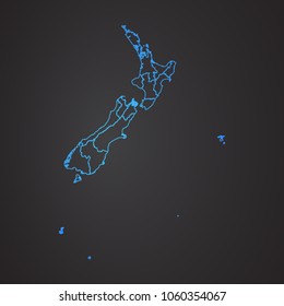 New Zealand map: blue glitter outline with sparkling stars on dark background. Detailed map of New Zealand. Vector illustration.