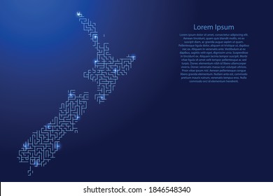 Neuseeland Karte aus blauem Muster des Labyrinthgitters und leuchtendes Raumsternengitter. Vektorgrafik.