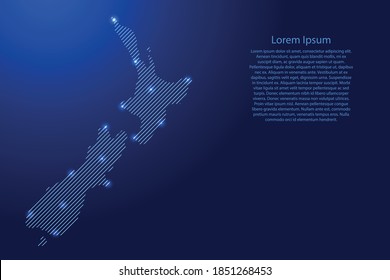 New Zealand map from blue pattern slanted parallel lines and glowing space stars grid. Vector illustration.