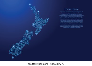 Mapa neozelandés de las letras dispersas del alfabeto latino de patrón azul y de la rejilla de las estrellas espaciales brillantes. Ilustración vectorial.